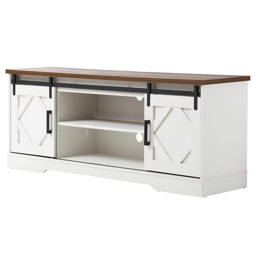 WAMPAT Louis XVI Series 59 in. White Farmhouse Sliding Barn Door TV Stand Fits TV's up to 65 in. with Adjustable Shelf