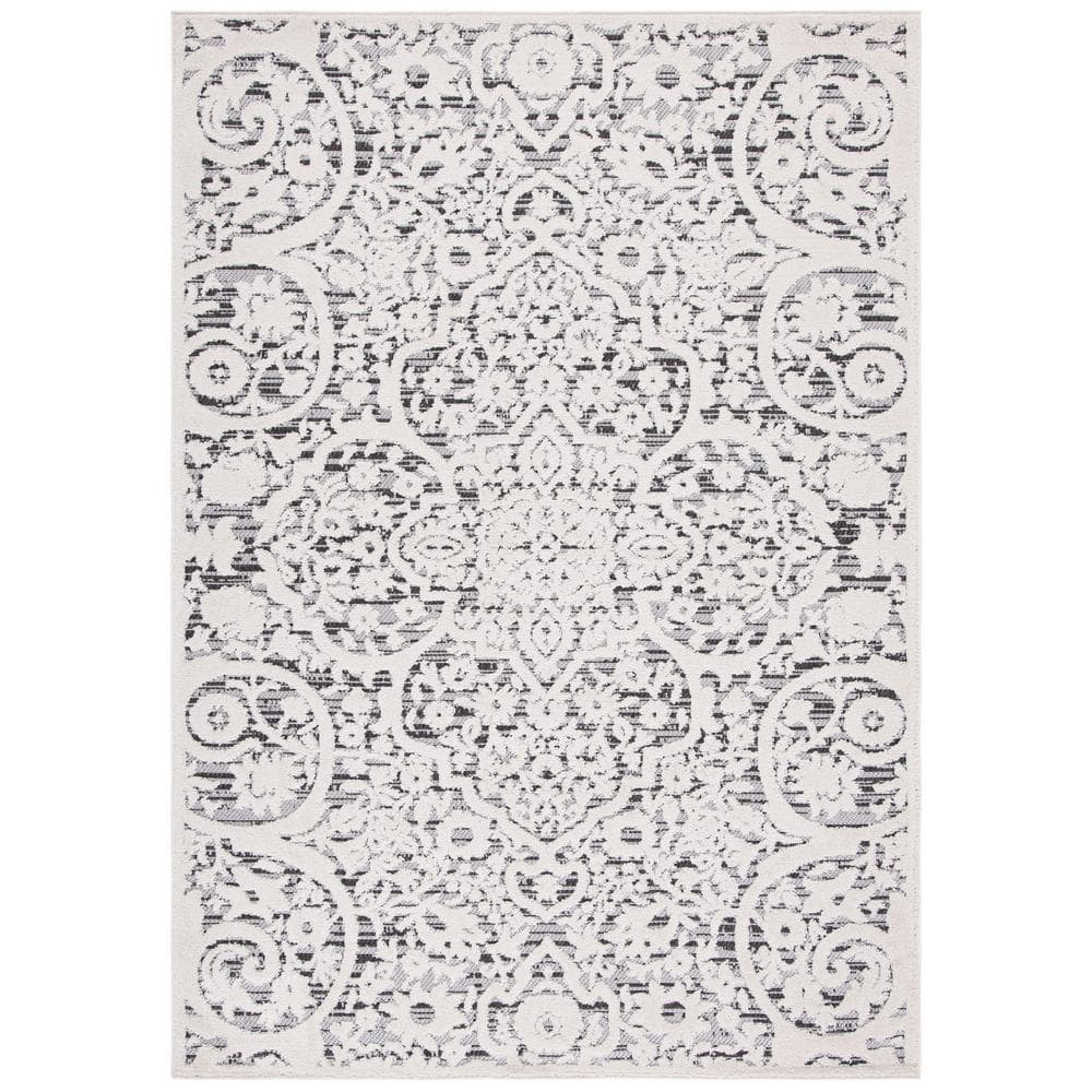 Gray and Ivory Geometric Synthetic Indoor/Outdoor Area Rug 3' x 5'