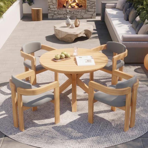 5 of Pieces Wood Frame Outdoor Dining Set with Gray Cushion