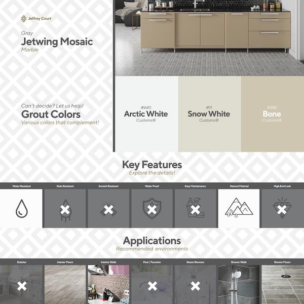 Jeffrey Court Jetwing White/Grey 10.75 in. x 11.875 in. Chevron