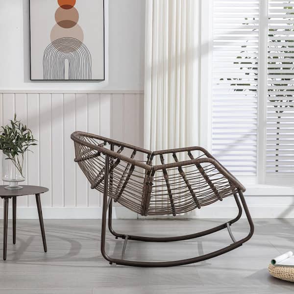Rattan Metal Outdoor Rocking Chair with Navy Blue Padded Cushion Lounge Chair for Front Porch, Living Room, Patio