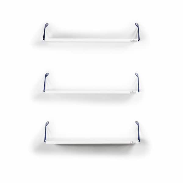 Rustic 24 in. x 7 in. White Wood Floating Blue Metal Bracket Decorative Wall Shelf Living Room Bedroom Dining Modern