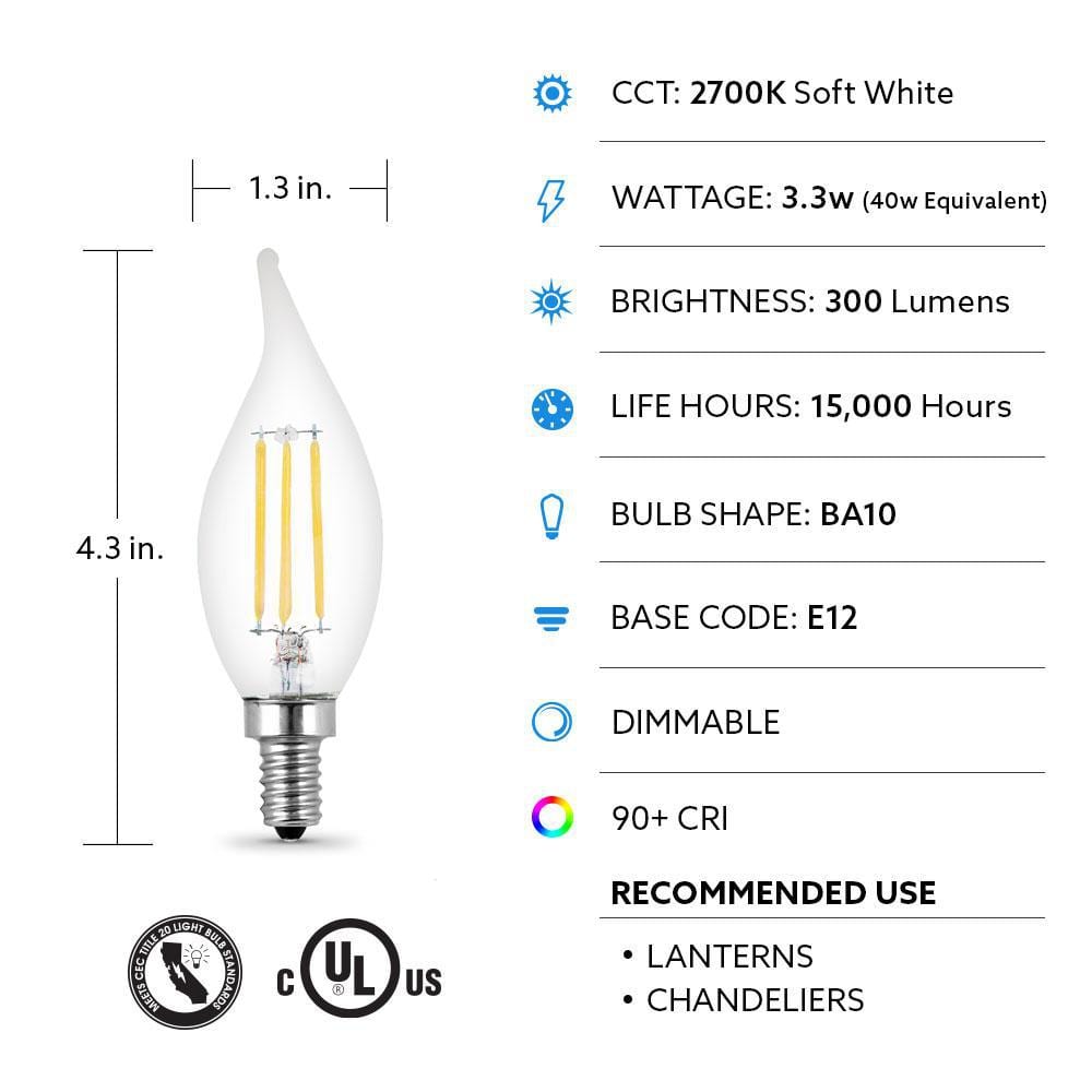 Feit Electric Clear Dimmable LED Candelabra Bulbs, 4 Pack