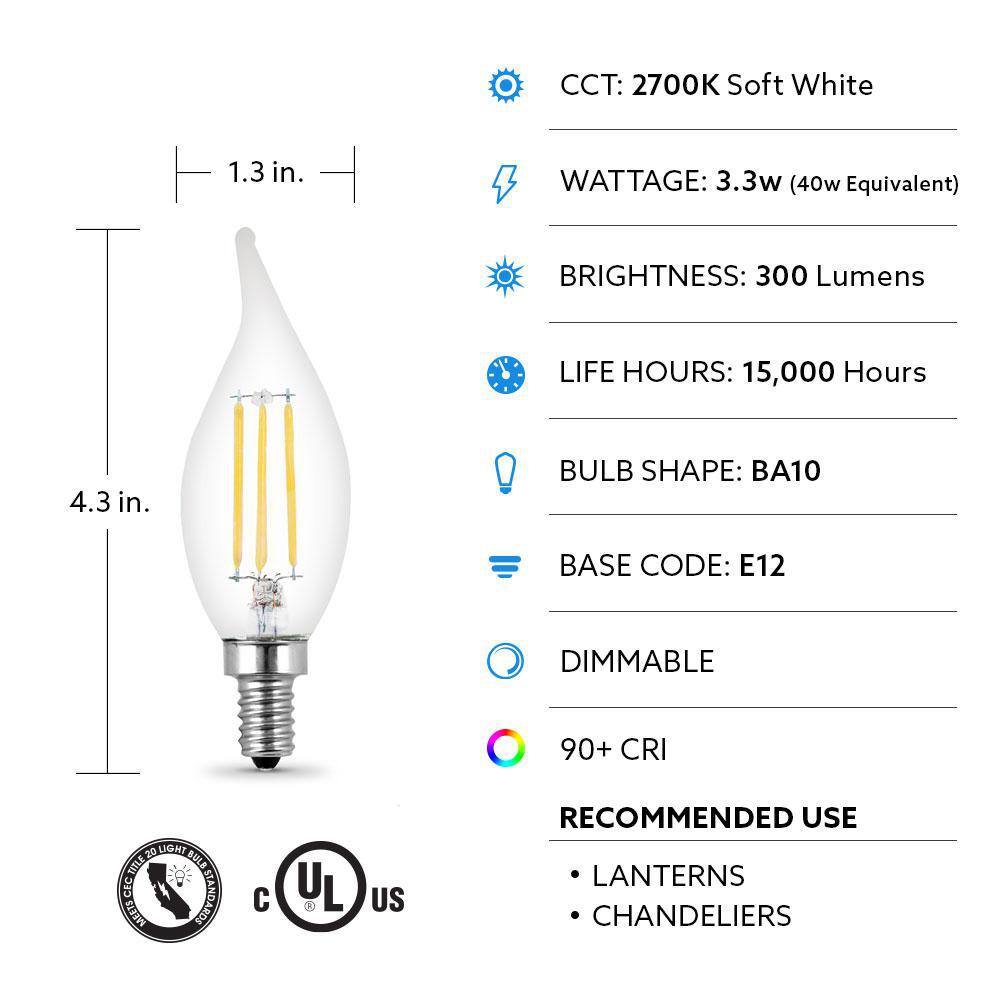 Feit Electric Clear Dimmable LED Candelabra Bulbs, 4 Pack