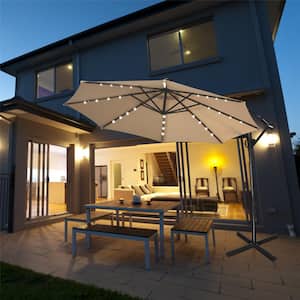 10 ft. Aluminum Offset Cantilever Solar Tilt Patio Umbrella LED Lights 360-Degrees Rotation Beige