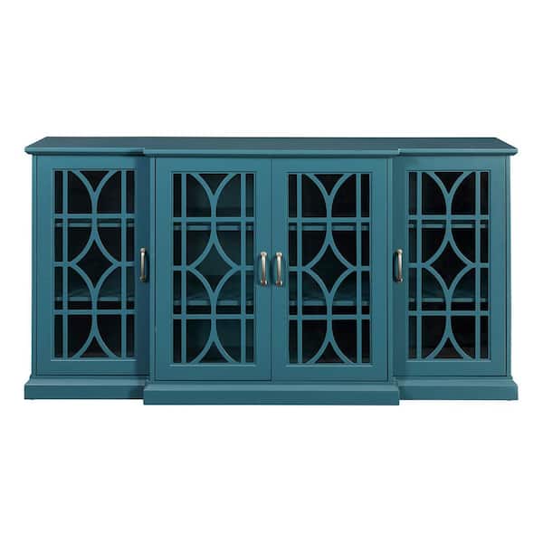 Unbranded 62.68 in. W x 15.67 in. D x 34.06 in. H Teal Blue Linen Cabinet Sideboard with 4-Doors and Adjustable Shelves