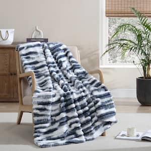 French Ribbed Blue 50 in. 60 in. Plush Faux Fur Throw Blanket