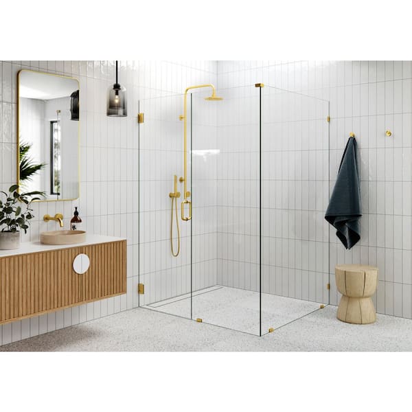 Glass Warehouse 57 in. W x 48.5 in. D x 78 in. H Pivot Frameless Corner Shower Enclosure in Satin Brass Finish with Clear Glass