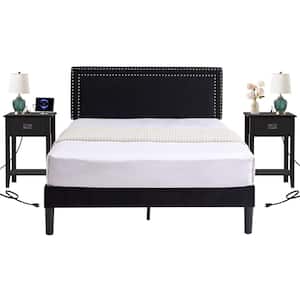 Upholstered Bed Panel Queen Platform Bed Metal Frame & Dual Black Nightstands w/USB Charging Ports 3-Piece Bedroom Set