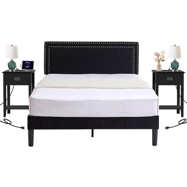 VECELO Upholstered Bed Panel Queen Platform Bed Metal Frame & Dual Black Nightstands w/USB Charging Ports 3-Piece Bedroom Set