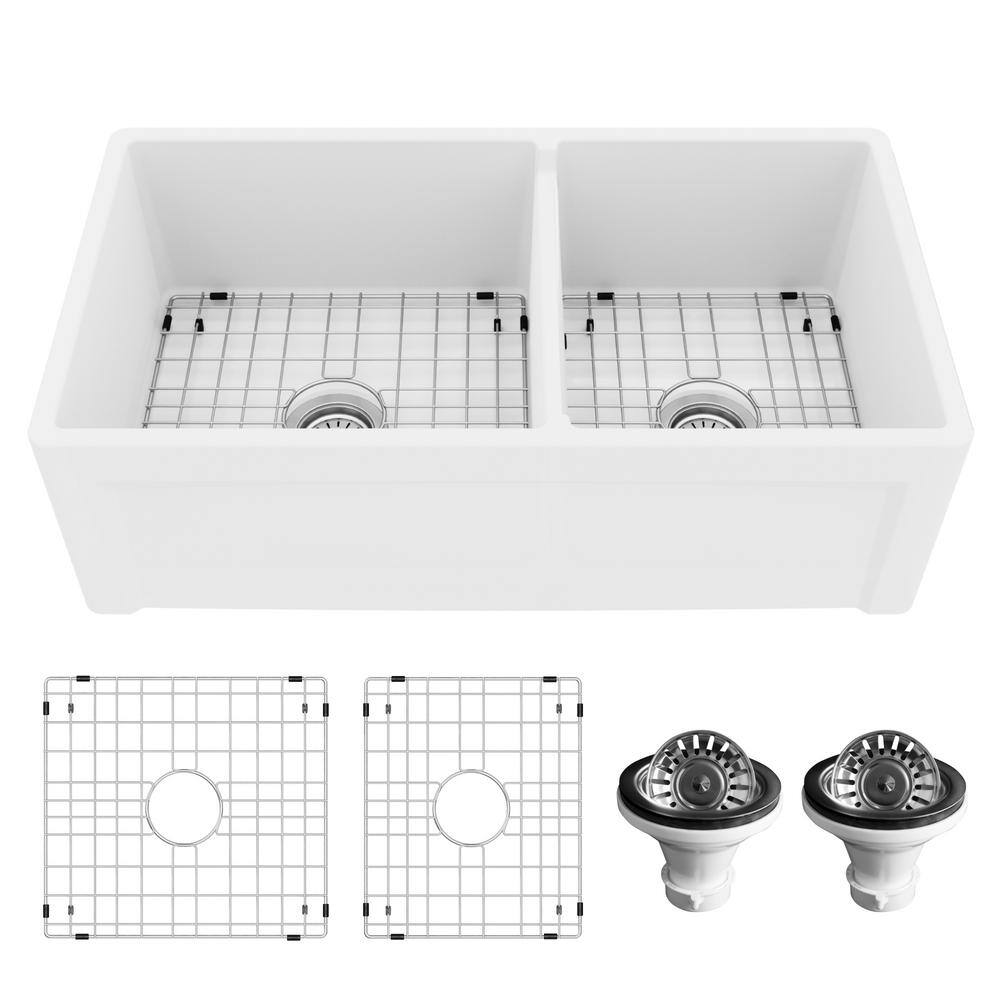 White 33" Double Bowl Fireclay Farmhouse Kitchen Sink