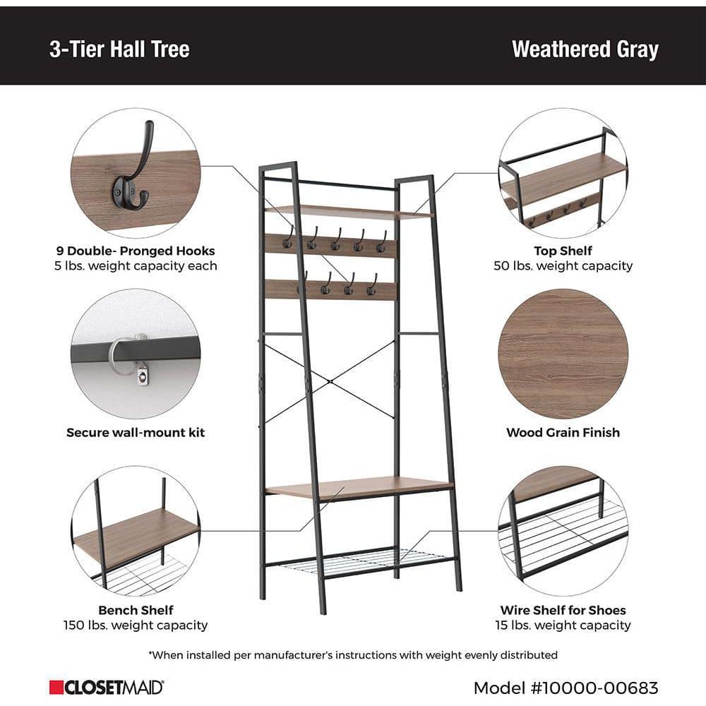 Weathered Gray Steel Hall Tree with Bench and Shoe Storage