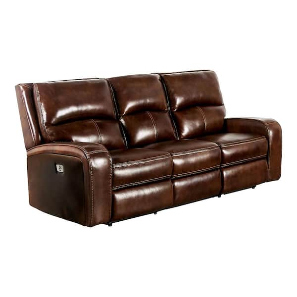 Furniture of America Donforto 86 in. Square Arm Leather Rectangle Power Sofa in Medium Brown