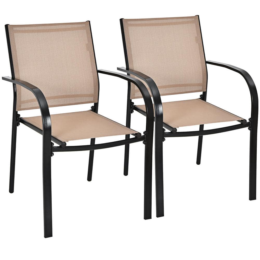 Black and Brown Steel Frame Patio Dining Armchairs, Set of 2