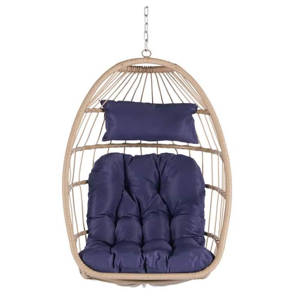 Miscool Anky 2.4 ft. D 1-Person Beige Wicker Hanging Egg Chair Patio Swings Hammock Chair with Dark Blue Cushions