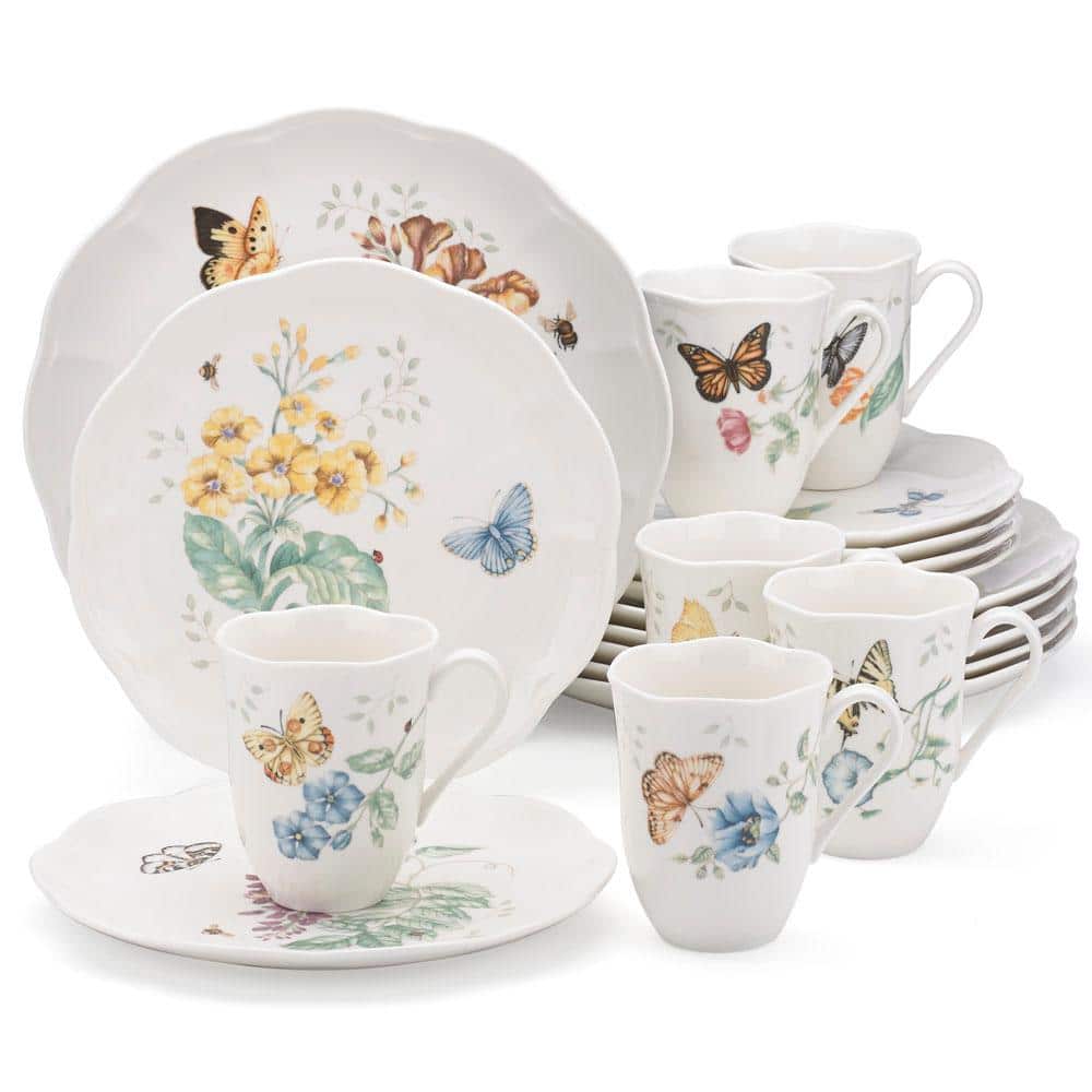 Butterfly Meadow 18-Piece White Porcelain Dinnerware Set with Floral Graphics