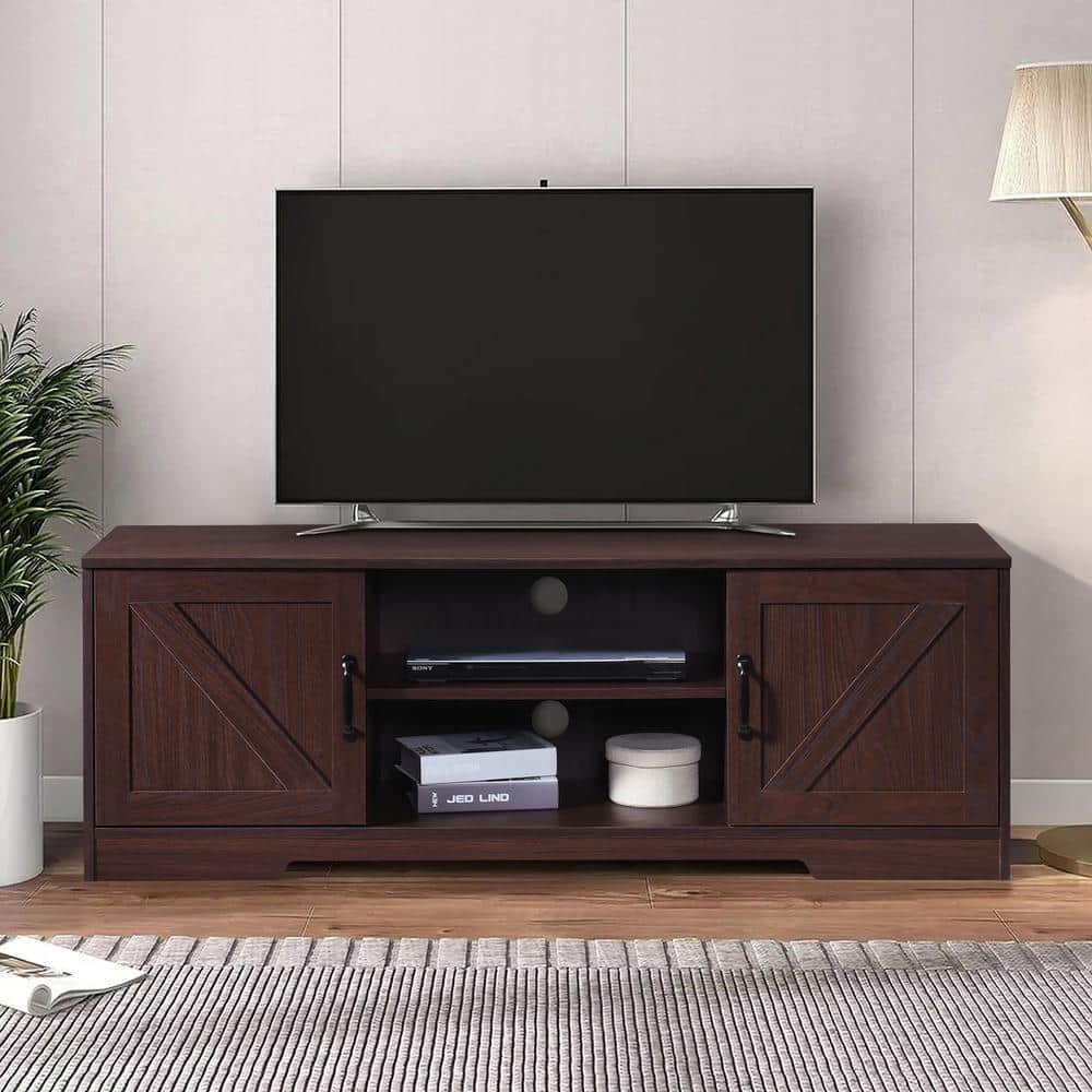 59 in. Wood Walnut TV Stand with 2 Storage Cabinets Fits TVs up to 59 in.