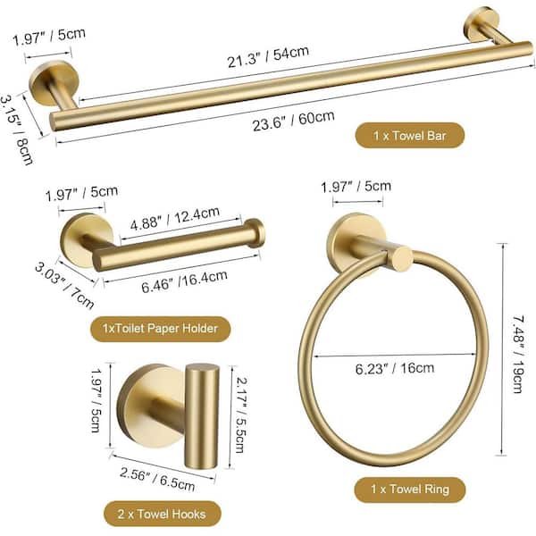 5-Piece Bath Hardware Set Accessories with Towel Bar Towel Hook Toilet Paper Holder and Towel Ring in Brushed Gold