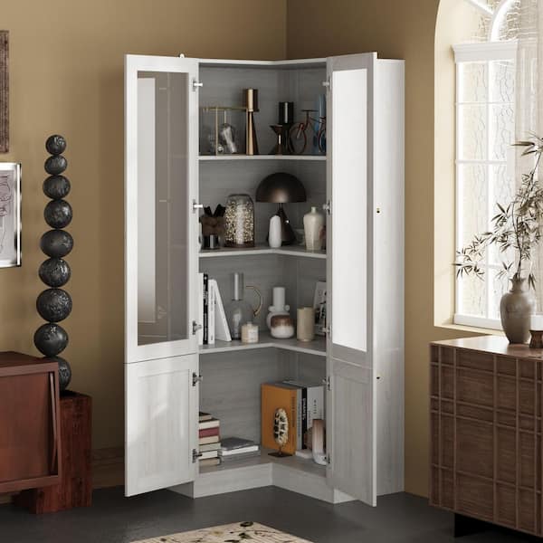 70.9 in. Tall Gray Wood Grain 3-Shelf Standard Bookcase Corner Bookcase with Tempered Glass Doors and Adjustable Shelves