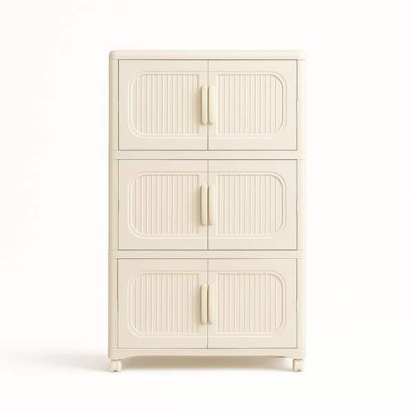 Cream White 31 in. H 3 Tiers Folding Collapsible Storage Cabinet with Magnetic Door, Plastic Storage Cabinet with Wheels