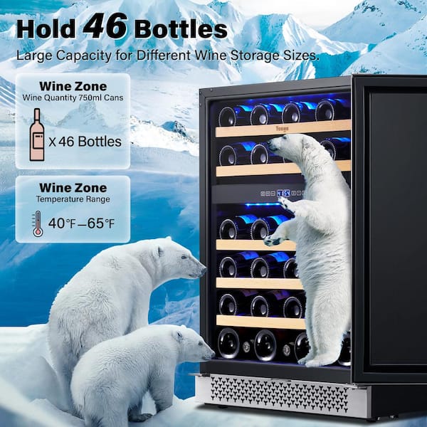 24 in. Dual Zone 46-Bottles Built-In Wine Cooler Refrigerator with Safety Lock and 5 Removable Shelves Frost Free