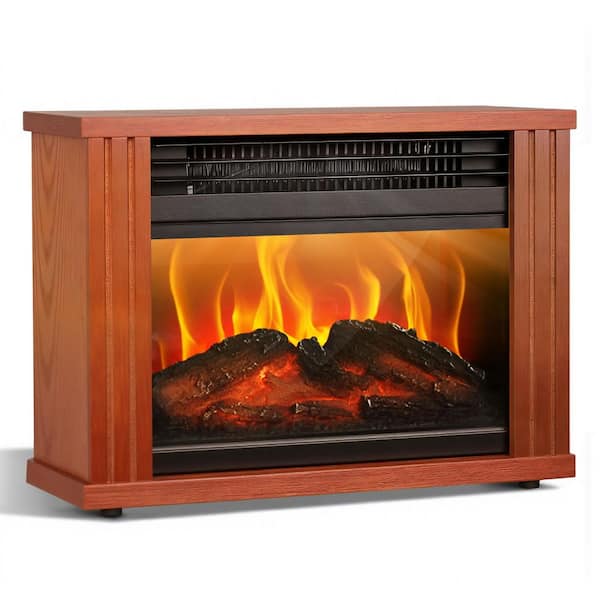 1500W Electric Compact Radiant Infrared Space Heater,Mini Wooden Tabletop Fireplace with 3D Flame,Overheating Protection