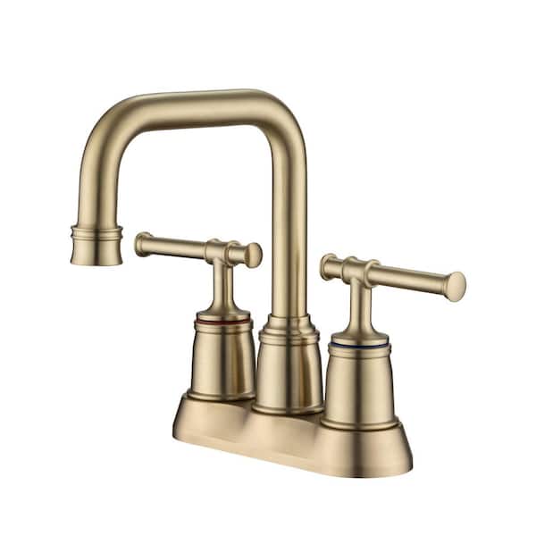 Staykiwi 4 in. Centerset Double Handle Mid Arc Bathroom Faucet with Drain Kit Included in Brushed Gold