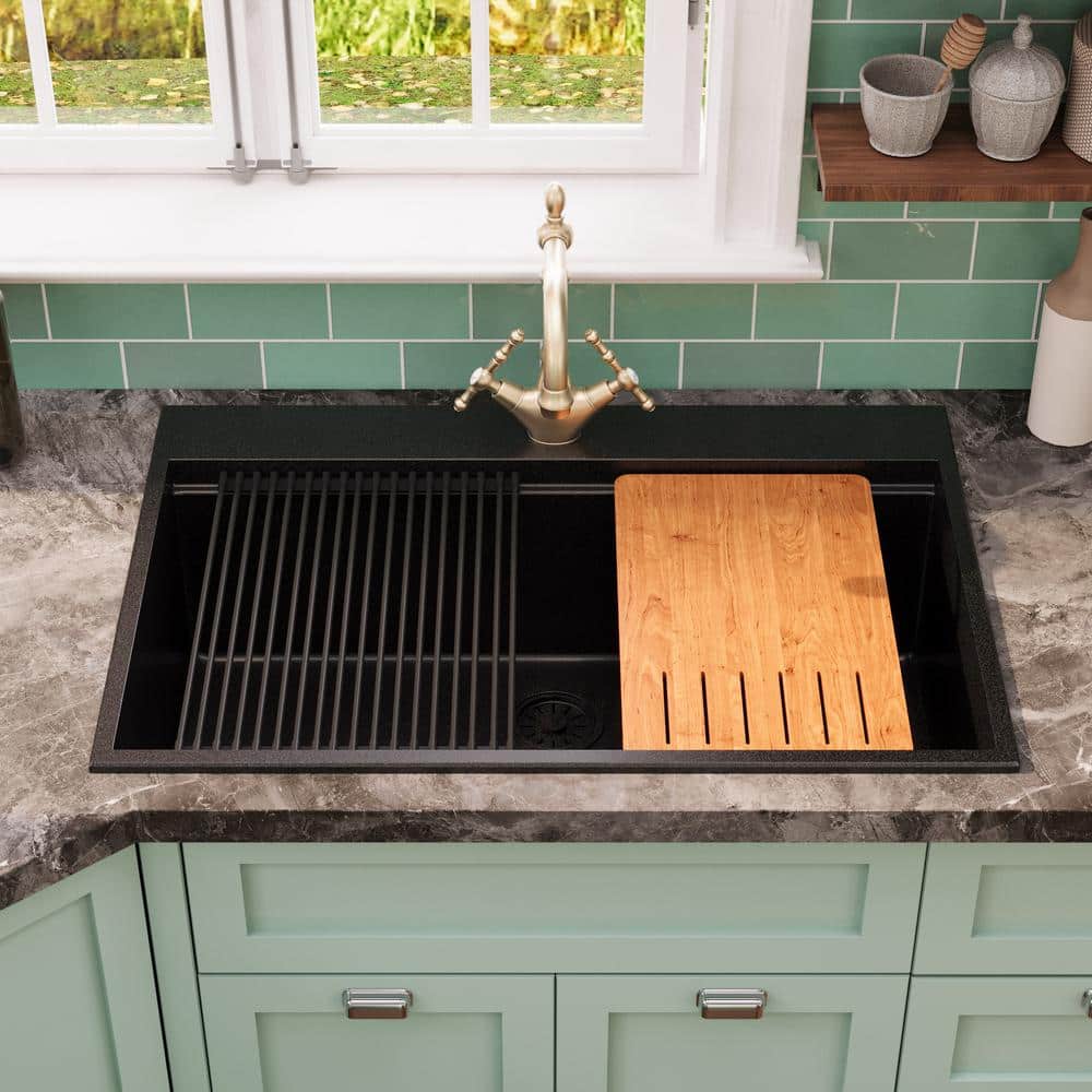 33" Black Granite Composite Drop-In Single Bowl Kitchen Sink