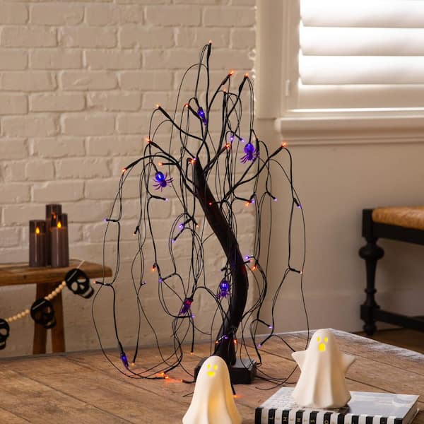 2ft. Pre-Lit Halloween Artificial Black Spooky Spider Willow Tree with 60-Orange and Purple LED Lights