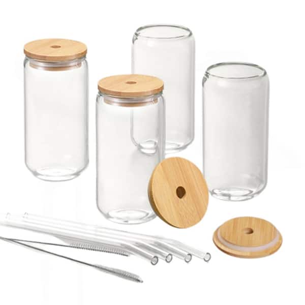 Adrinfly 16 oz. Clear Shaped Drinking Glass Set with Bamboo Lids, 4 Straw and 2 Cleaning Brush (4-Pack)