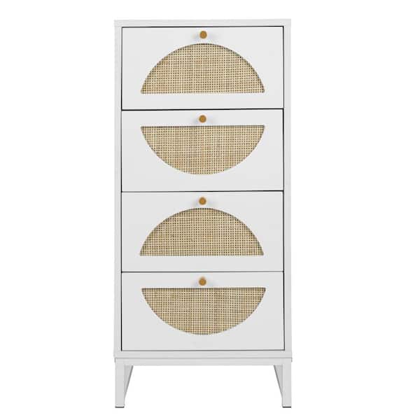 URTR Modern White Storage Cabinet with Natural Rattan, Wooden Storage Cabinet with 4-Drawer for Living Room Bedroom