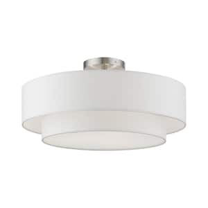 Meridian 18 in. 3-Light Brushed Nickel Semi-Flush Mount with Off-White Fabric Shade
