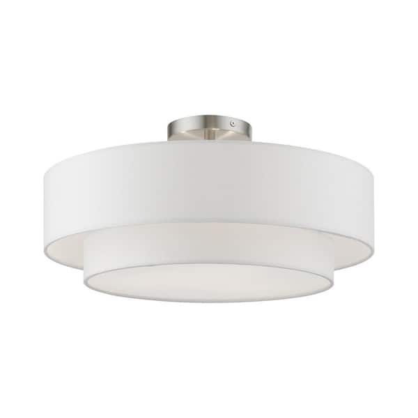 Livex Lighting Meridian 18 in. 3-Light Brushed Nickel Semi-Flush Mount with Off-White Fabric Shade