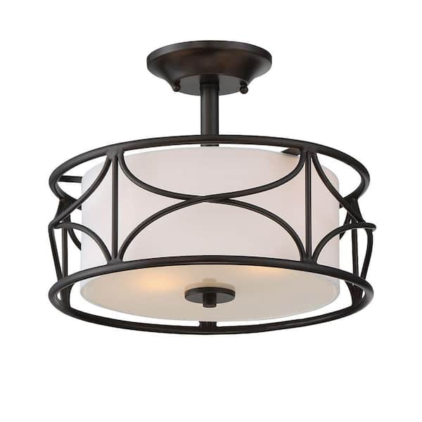 Avara 13 in. 2-Light Oil Rubbed Bronze Traditional Entryway Semi-Flush Mount with White Fabric Shade