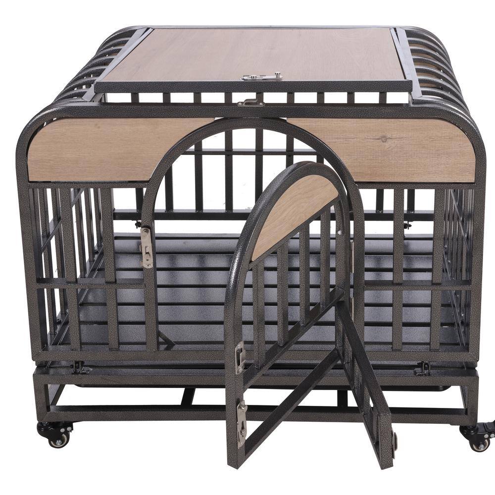 Large Gray Rolling Heavy Duty Dog Crate with Removable Trays