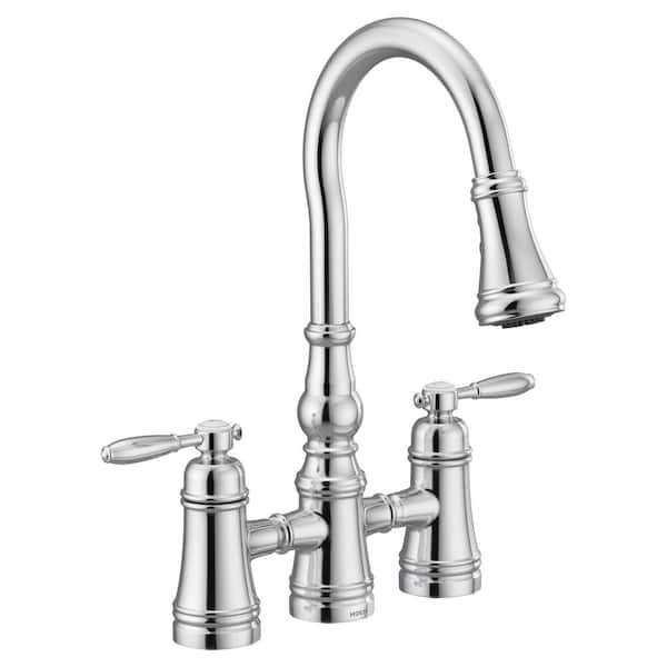 MOEN Weymouth 2-Handle High-Arc Bridge Kitchen Faucet in Polished Chrome