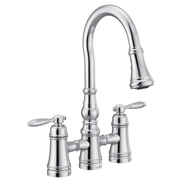 MOEN Weymouth 2-Handle High-Arc Bridge Kitchen Faucet with Power Boost in Polished Chrome