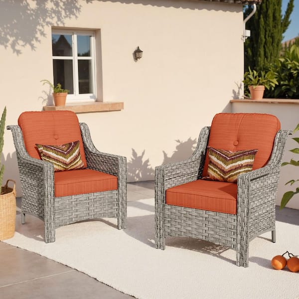 Toject Eureka Gray Modern Wicker Outdoor Lounge Chair Seating Set with Orange Red Cushions (2-Pack)