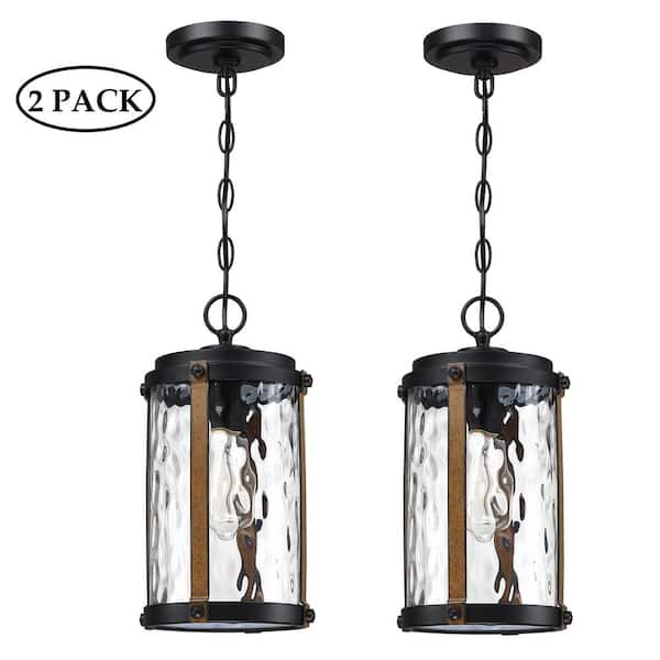 Hukoro 14 in. H 1-Light Barnwood Accents and Matte Black Outdoor Hanging Lantern Pendant (2-Pack)