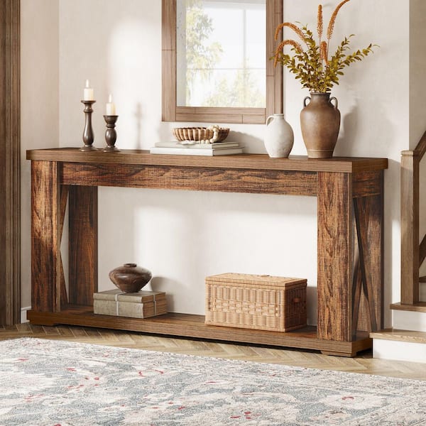 BYBLIGHT Turrella 63 in. Brown Rectangle Engineered Wood Console Table with 2-Tier Design