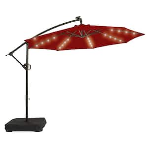 10 ft. Solar LED Offset Hanging Umbrella Cantilever Patio Umbrella with Tilt Adjustment and Cross Base in Burgundy