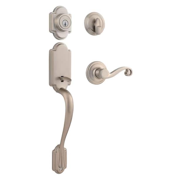 Kwikset Arlington Satin Nickel Single Cylinder Door Handleset with Lido Door Handle Featuring SmartKey Security