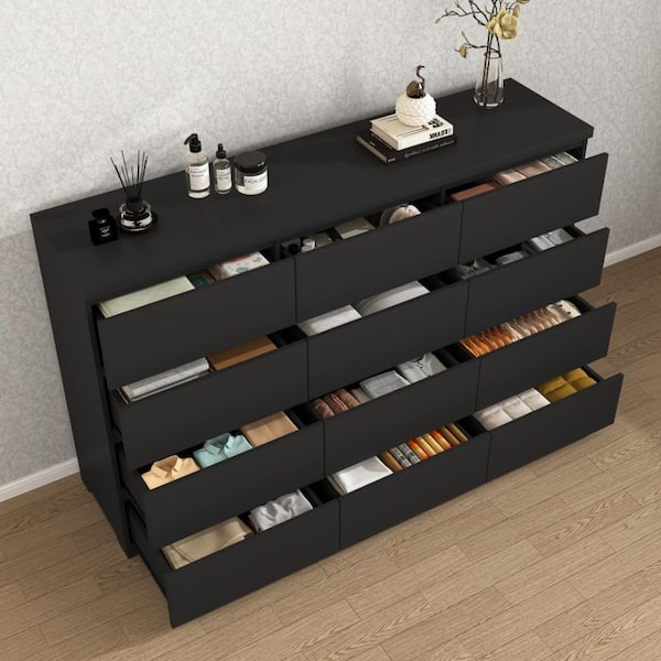 Qualler Black 63.1 in. Wide 12‑Drawer Dresser, Particle Board