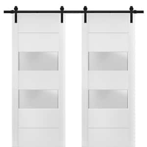 4010 36 in. x 96 in. 2-Lite Frosted Glass White Finished Pine Wood Sliding Barn Door with Hardware Kit