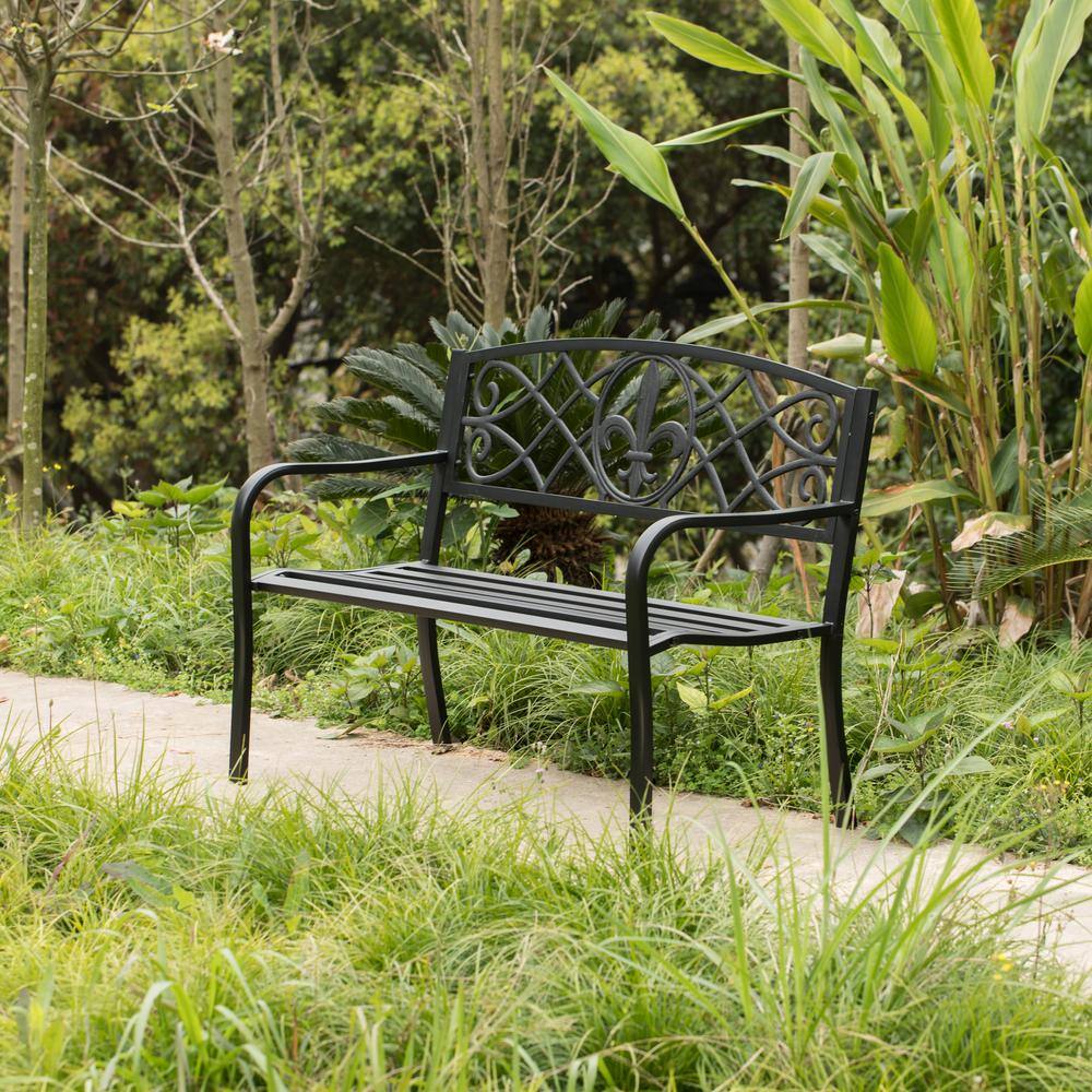 Black Cast Iron and Steel Outdoor Garden Patio Bench