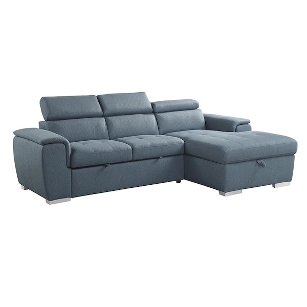 Lazzara Logan 97.5 in. Straight Arm 2-piece Chenille Sectional Sofa in Blue with Pull-out Bed and Right Chaise