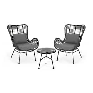 Acuna Black 3-Piece Metal Outdoor Patio Conversation Set with Dark Grey Cushions