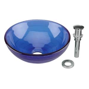Frosted Circle 12 in. Blue Glass Round Vessel Bathroom Sink with Drain