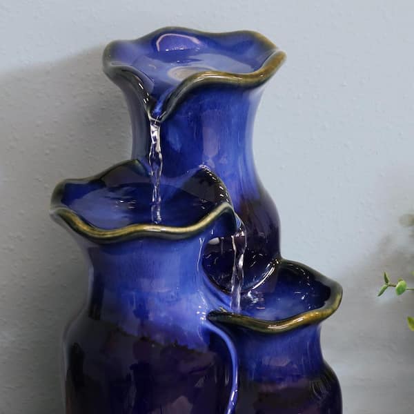 Sunnydaze Tiered Blue Ceramic Glazed Pitchers Indoor Tabletop Fountain 11" 