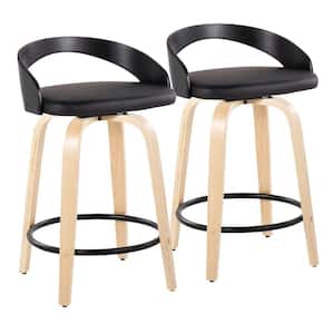 Grotto 24 in. Black Faux Leather, Natural and Black Wood and Black Metal Fixed-Height Counter Stool (Set of 2)